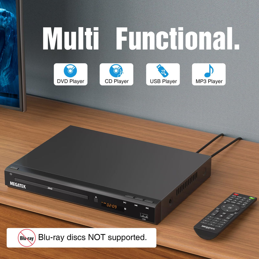 MEGATEK Region-Free HDMI DVD Player for TV, Compact CD/DVD Player with USB Port, Plays All Region DVDs & Multi Formats, Metal Housing, HDMI/RCA Cables & Remote Included 🍁 All In One Marketplace Canada
