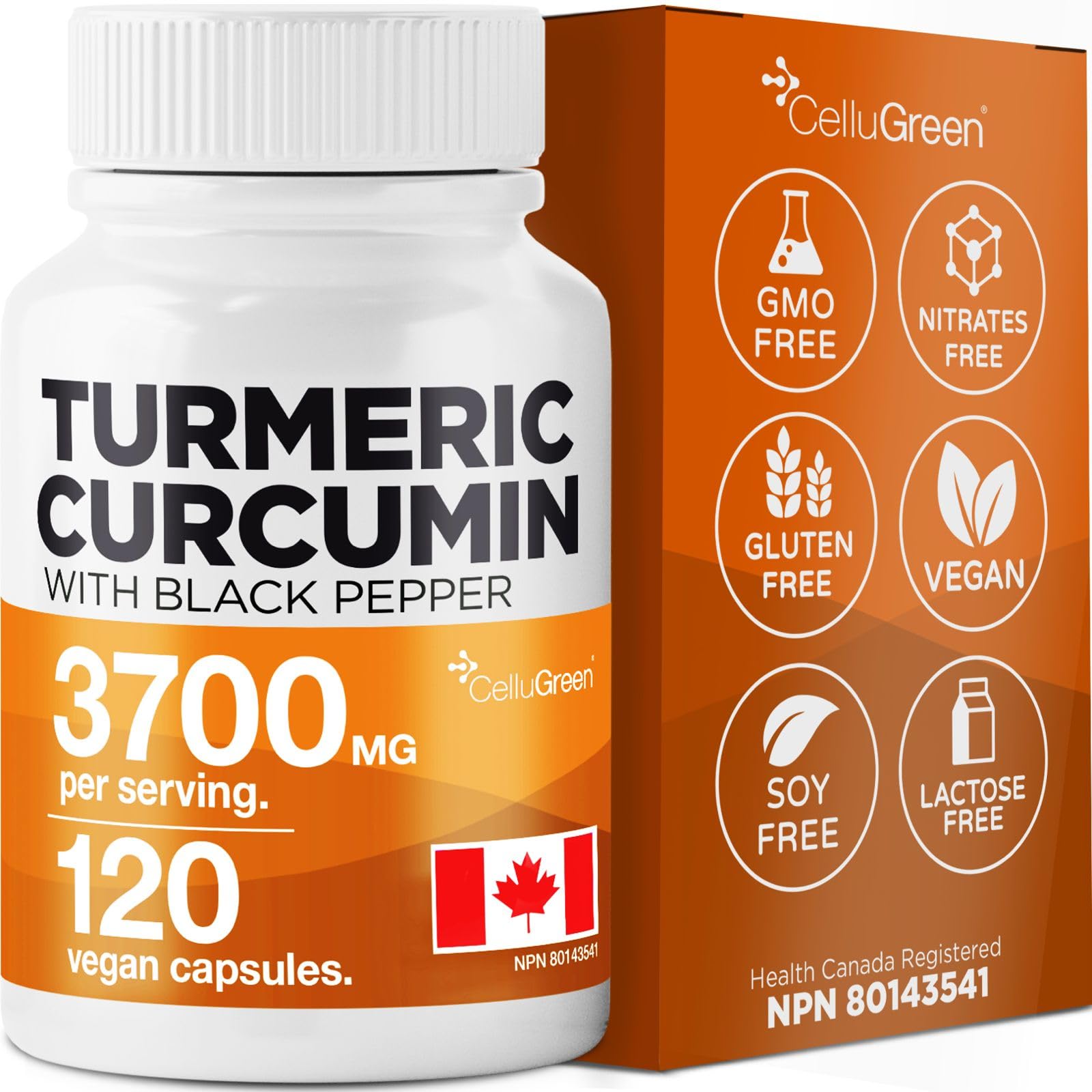 CelluGreen Turmeric Curcumin 3,700mg with Black Pepper Extract — 95% Curcuminoids for Joint Pain Relief & Anti-Inflammatory Support | Curcuma Longa | Non-GMO, Gluten-Free, Made in Canada | 120 Capsules 🍁 All In One Marketplace Canada