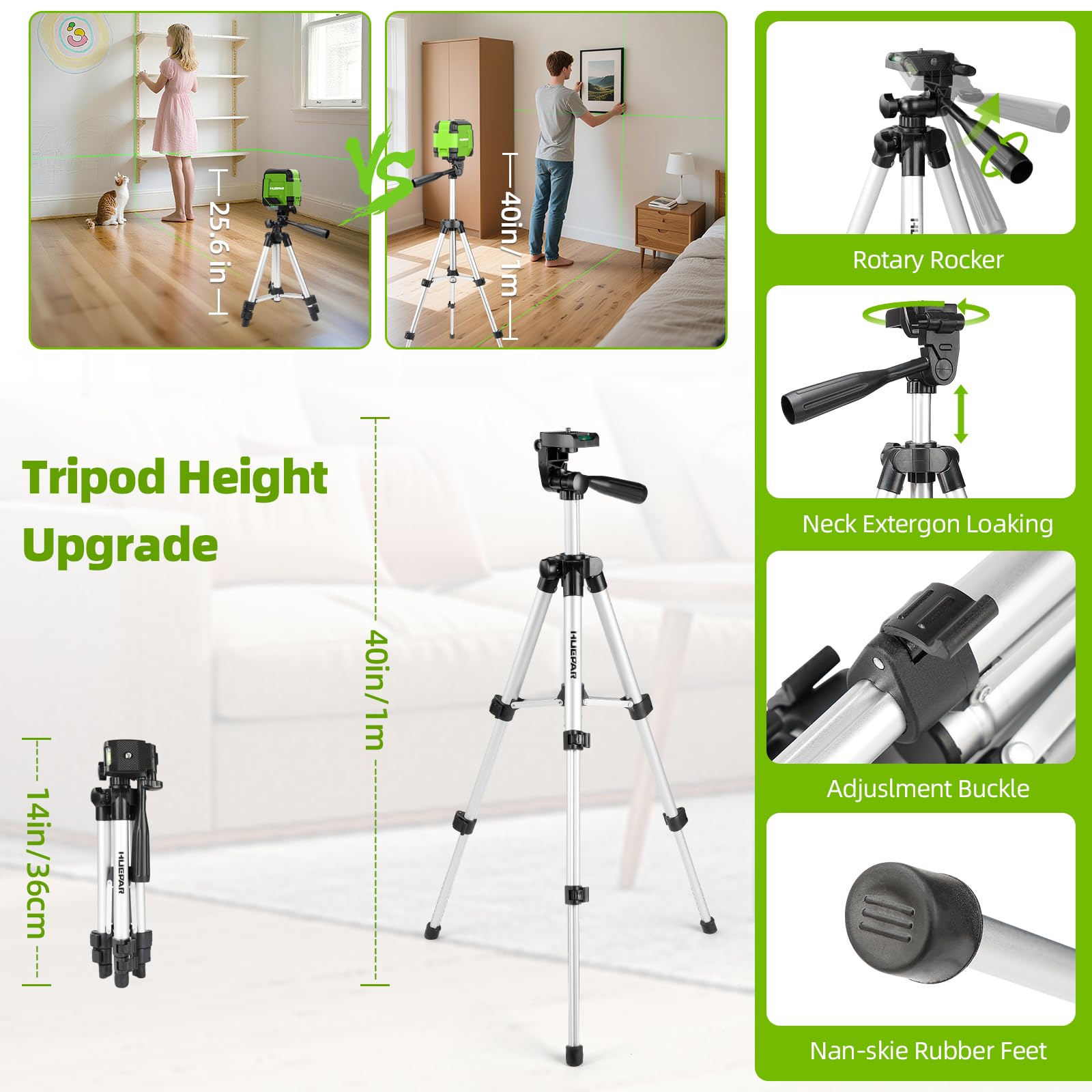 Huepar Self Leveling Laser Level with Tripod, 98Ft Green Cross Line Laser Leveler Tool for Picture Hanging, Tile, Home Renovation, Indoor Project, Battery Included, 40in Tripod 🍁 All In One Marketplace Canada