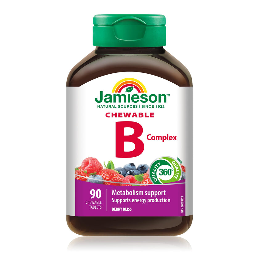 Jamieson Vitamin B Complex, 90 Chewable Tablets, Natural Berry Flavour. Naturally Energizing, Supports Metabolism, Provides Folate. Vegetarian, No Artificial Flavours, Colours or Preservatives 🍁 All In One Marketplace Canada