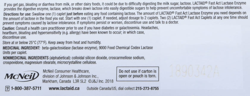 Lactaid Fast Acting Caplets - Lactose Enzyme Break Down - Gas, Bloating or Diarrhea - Milk & Dairy - 40 Caplets Per Package 🍁 All In One Marketplace Canada