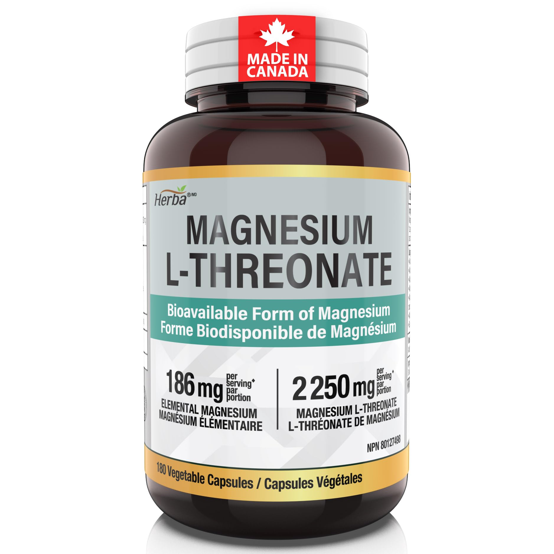 Herba Magnesium L-Threonate – 2,250mg of Magnesium L Threonate Per Serving (3 Capsules) - 186mg of Elemental Magnesium | Bioavailable Form of Magnesium Supplement | 90 Vegetable Capsules | Made in Canada 🍁 All In One Marketplace Canada