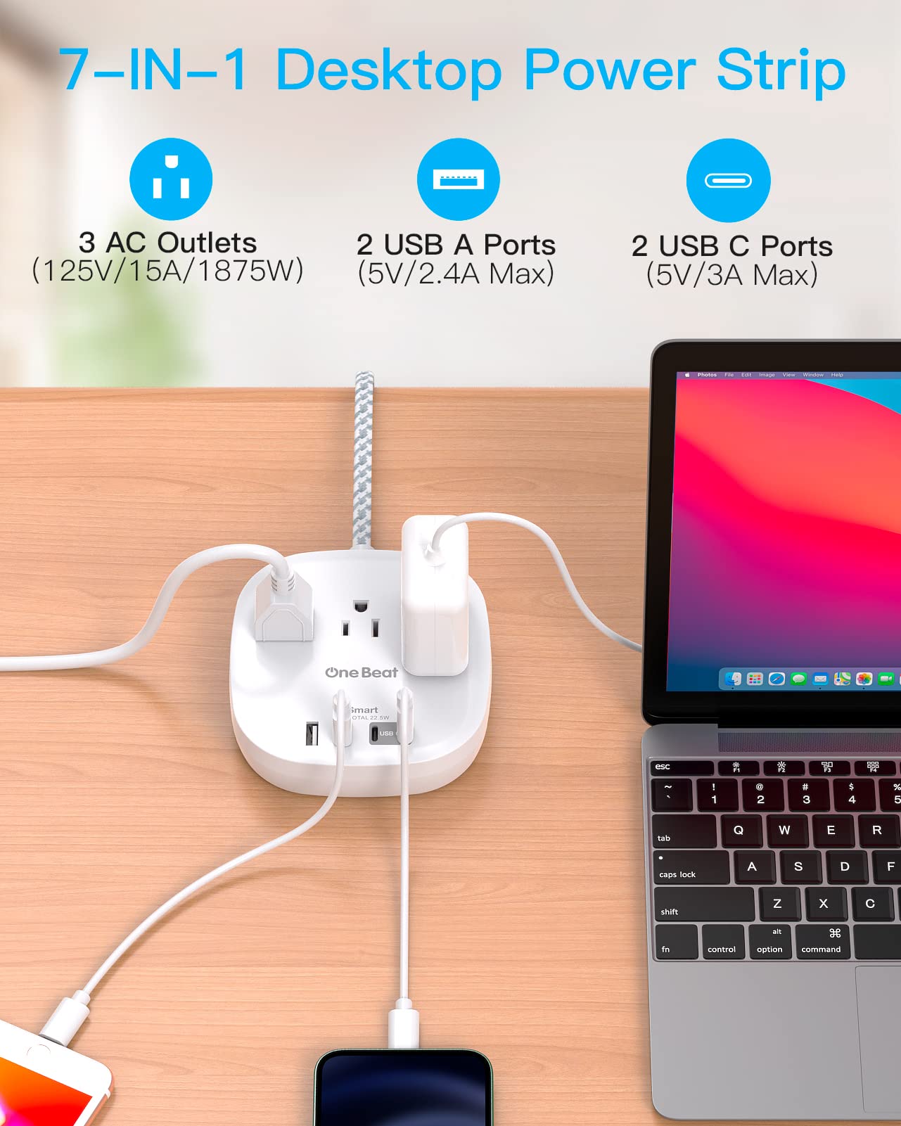 One Beat Flat Plug Power Bar with USB C, 6FT Ultra-Thin Extension Cord, 3 Outlet with 4 USB Ports (2 USB C) Desktop Charging Station, No Surge Protection for Cruise Ship, Travel Essentials, Dorm Room 🍁 All In One Marketplace Canada