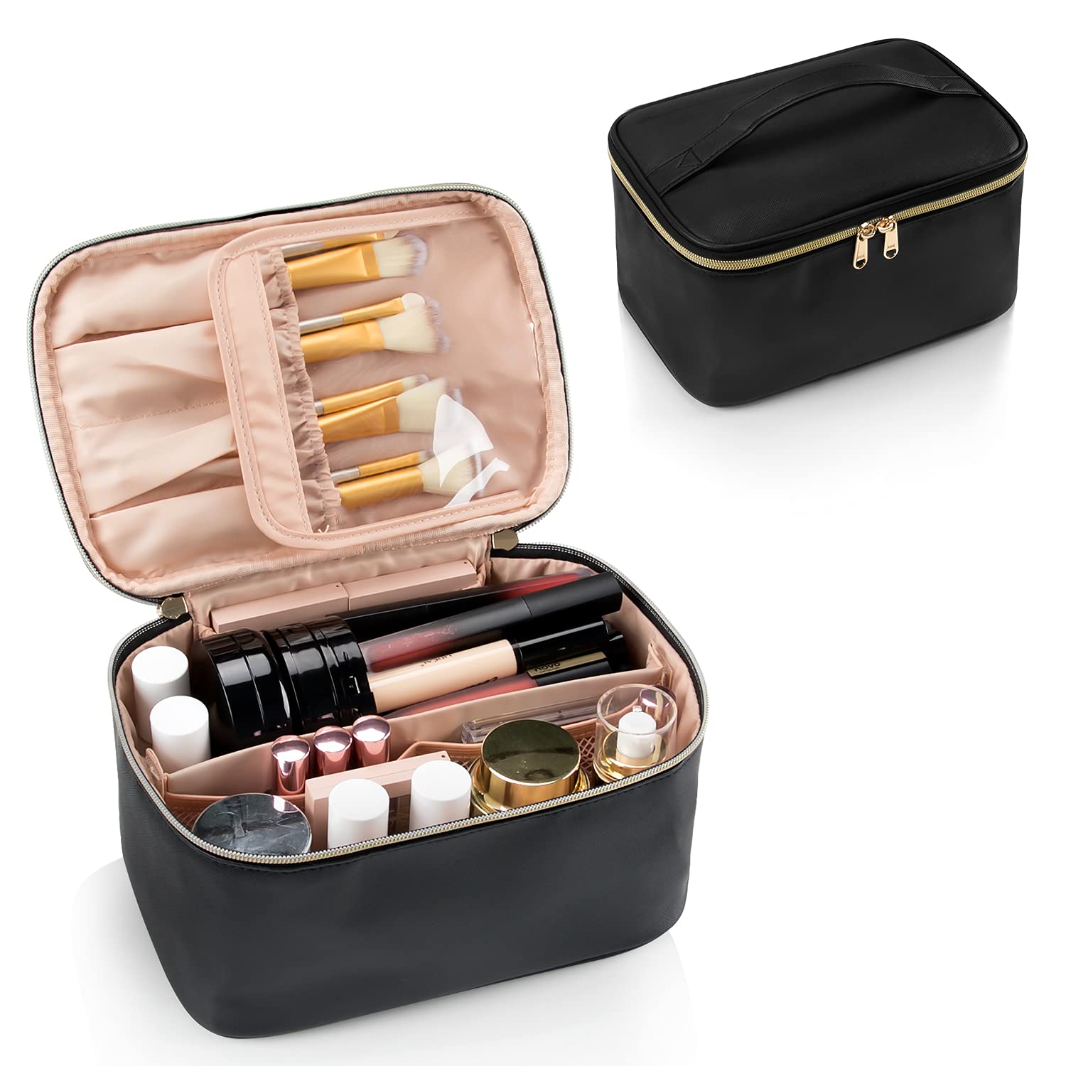 Makeup Bag, Portable Cosmetic Bag, Large Capacity Travel Makeup Case Organizer for Women and Girls, Train Case Makeup Bag for Toiletries for Traveling with Handle and Divider, Black 🍁 All In One Marketplace Canada