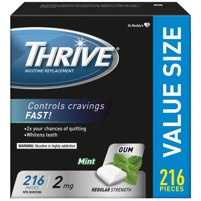 Thrive Nicotine Replacement Gum, 2mg Regular Strength, Mint, 216 Count 🍁 All In One Marketplace Canada