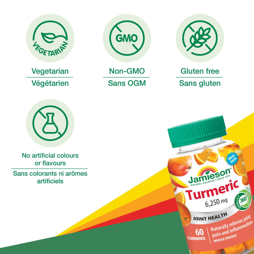 Jamieson Turmeric Gummies Mango Orange Flavour, Provides Natural Joint Pain Relief and Supports Inflammation, Potent Antioxidant. Vegetarian, Non-GMO, Gluten-Free, No Artificial Colours, or Flavours, 60 Count, Proudly Canadian