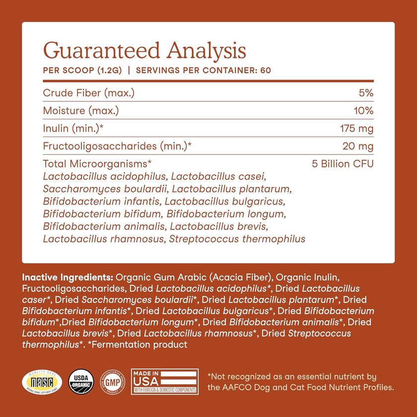 Fera Pets Probiotics for Dogs & Cats with Prebiotics - USDA Organic - Gut Health Powder Supplement with 12 Strains and 5 Billion CFUs - Supports Immunity, Energy and Skin & Coat - 60 Scoops 🍁 All In One Marketplace Canada