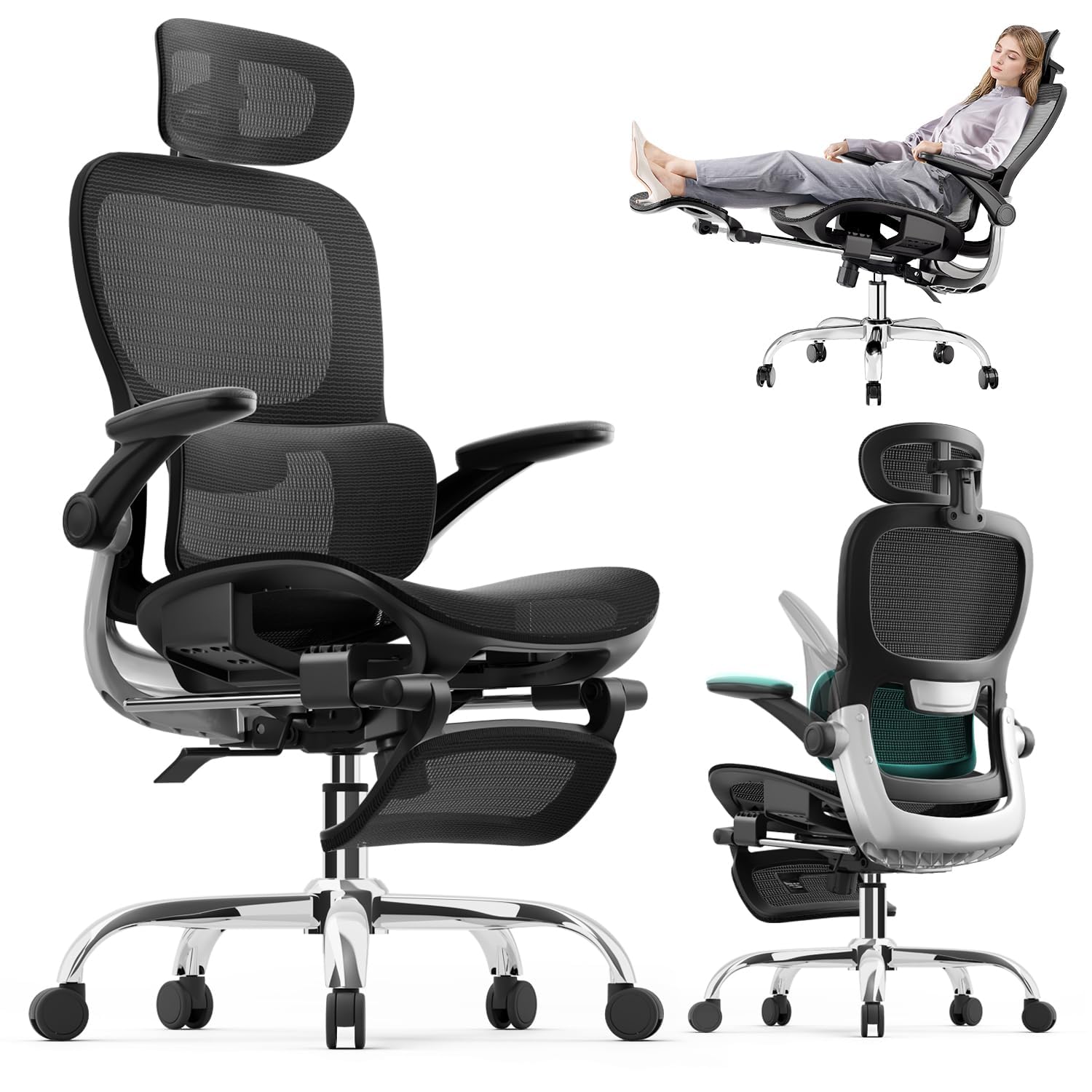 Ergonomic Office Chair,Office Chair with Tilt Function,Mesh Office Chair with Footrest,Ergonomic Chair with Adaptive Backrest, Adjustable Headrest and Flip-Up Armrests 🍁 All In One Marketplace Canada
