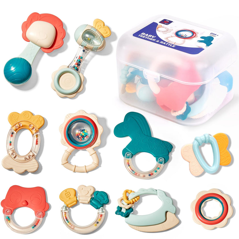 hahaland Baby Teething Toys, Infant Newborn Toys 0-3 3-6 Months, Silicone Babies Teether Rattles, Baby Shower Gifts for Newborn Boys Girls, 10 Pcs with Storage Box for 0 Months+ 🍁 All In One Marketplace Canada
