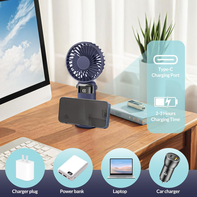 Portable Handheld Fan Rechargeable Small Fan 5 Speeds with Lanyard and Base USB Desk Fan Foldable Quiet Personal Fan with LED Display for Office, Home, Travel, Outdoor 🍁 All In One Marketplace Canada