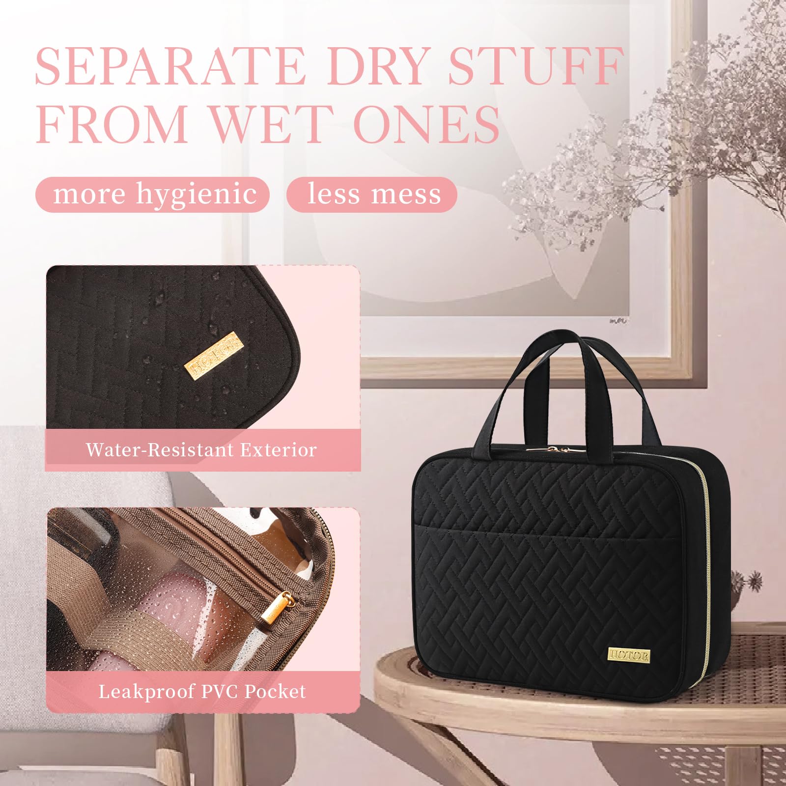 HOTOR Travel Toiletry Bag - Toiletry Bag w/Hanging Hook for Women & Men, Makeup Bag/Big Comparment, Waterproof for Travel Accessories, Travel Essentials, Small, Black 🍁 All In One Marketplace Canada