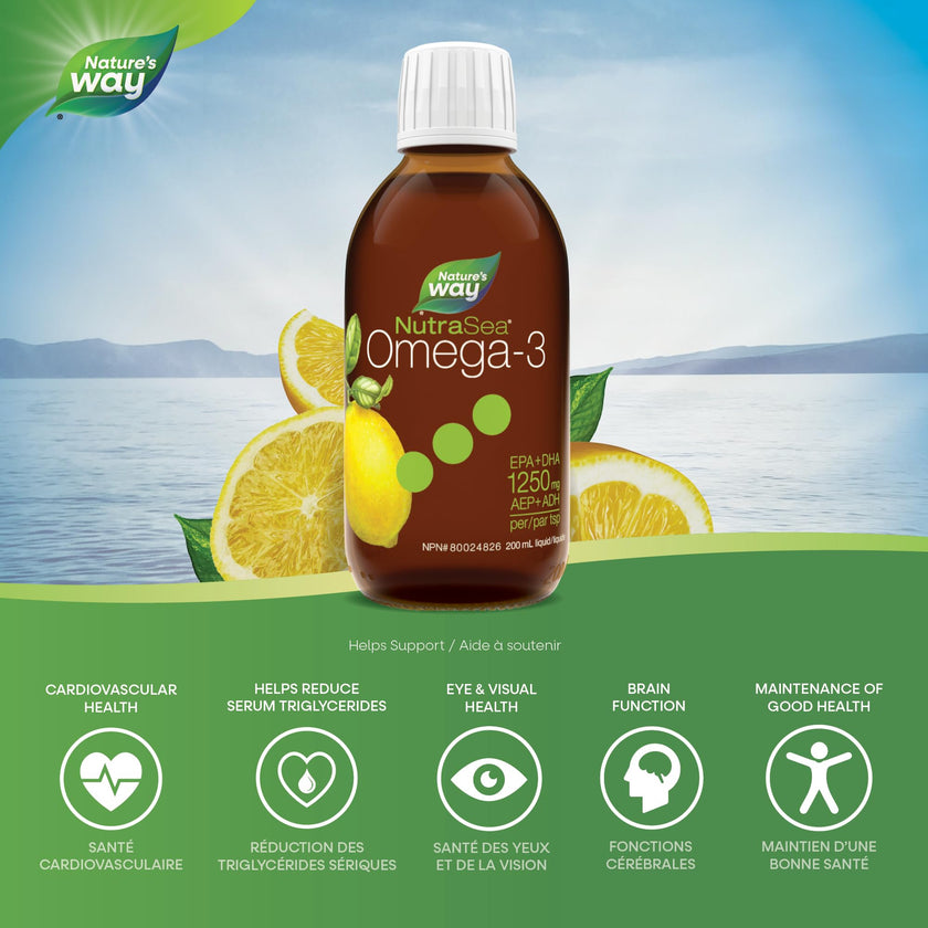 Nature's Way NutraSea Omega 3 Fish Oil Liquid Supplement – Zesty Lemon Flavour, Non-GMO – Heart & Brain Support for Adults and Kids Ages 1+ – 1250mg EPA & DHA, 200 mL 🍁 All In One Marketplace Canada