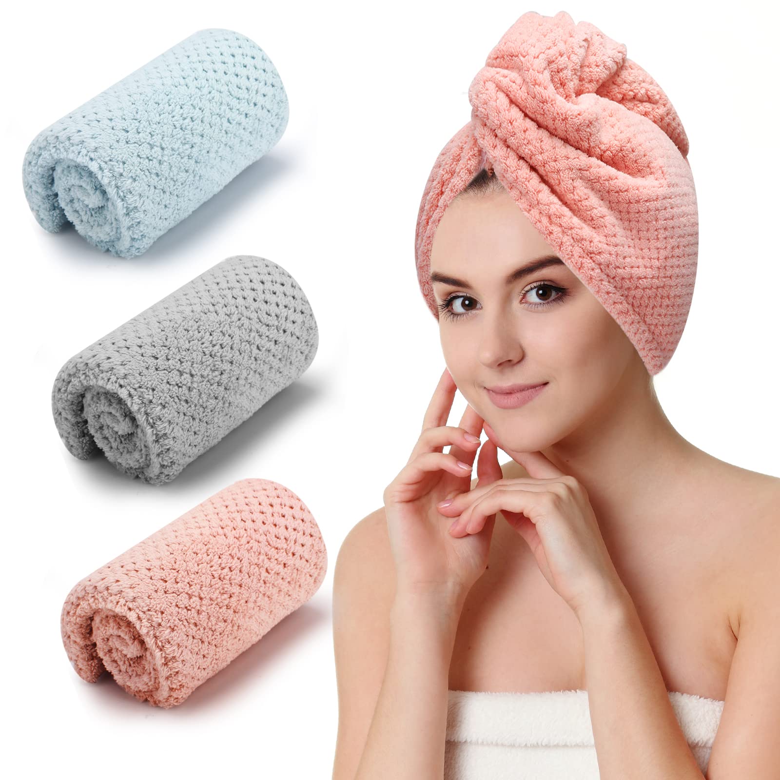 CZZXI 3 PCS Microfiber Hair Towel, Hair Wraps for Women Wet Hair, Fast Drying Hair Turban, Anti Frizz Head Towels Wrap for Curly Hair (Grey, Pink, Blue) 🍁 All In One Marketplace Canada