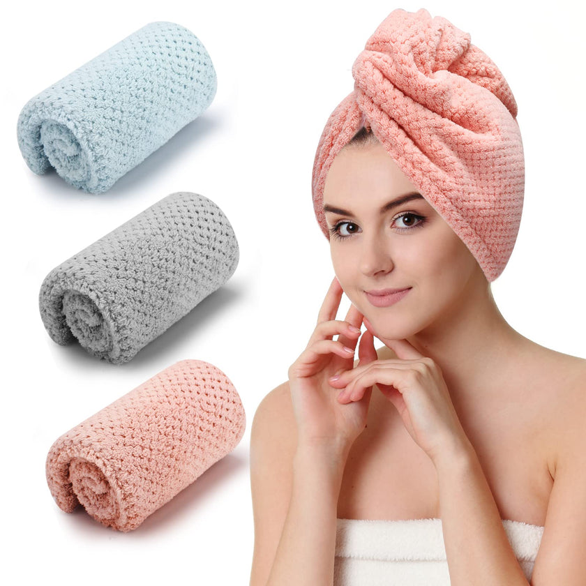 CZZXI 3 PCS Microfiber Hair Towel, Hair Wraps for Women Wet Hair, Fast Drying Hair Turban, Anti Frizz Head Towels Wrap for Curly Hair (Grey, Pink, Blue) 🍁 All In One Marketplace Canada