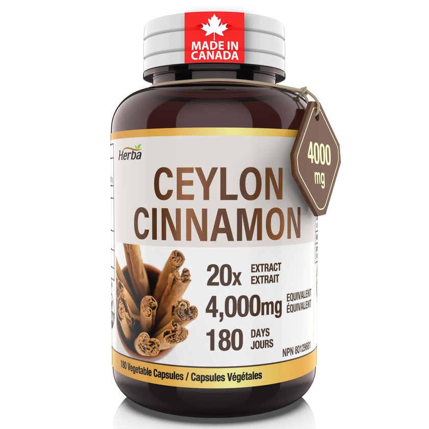 Herba Ceylon Cinnamon Capsules 4000mg - 180 Vegetable Capsules | Powerful 20:1 Extract from Sri Lanka | Equivalent to 4,000mg Dry Ceylon Cinnamon Powder | Made in Canada 🍁 All In One Marketplace Canada