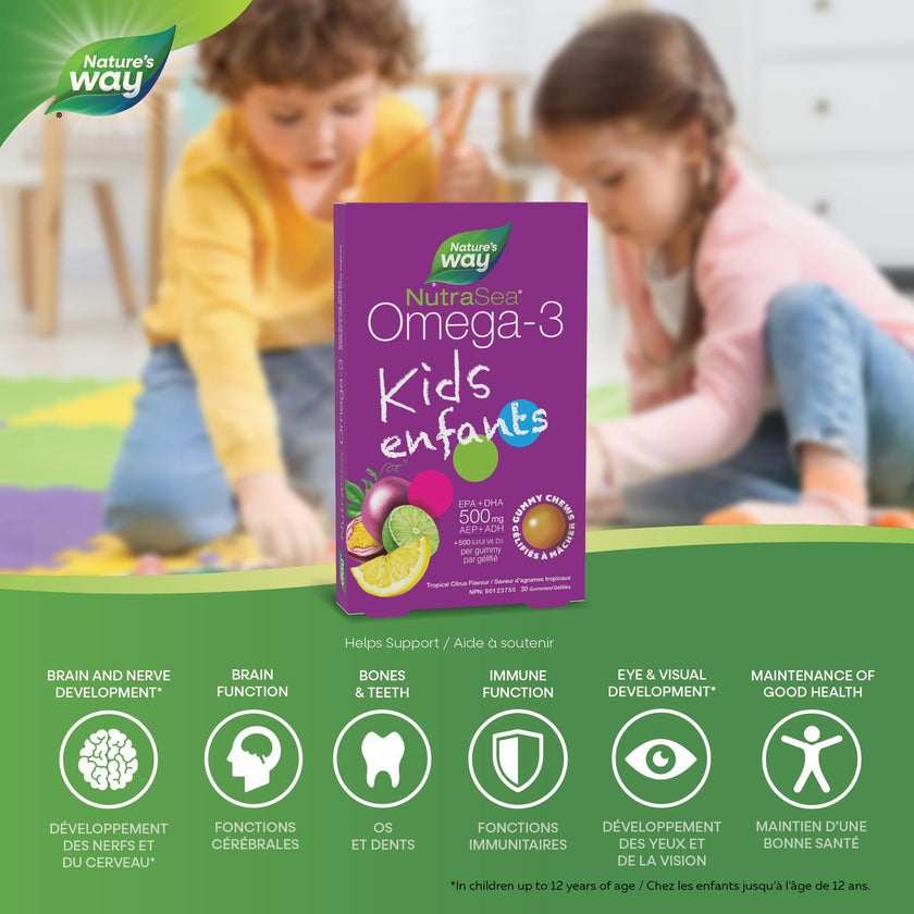 Nature's Way NutraSea Omega 3 Kids Gummy Chews Supplement with Fish Oil – Tropical Citrus Flavour – Brain, Bone & Immune Support for Kids Ages 3+ – 500mg EPA & DHA + 500IU Vitamin D3, 30 Gummies 🍁 All In One Marketplace Canada