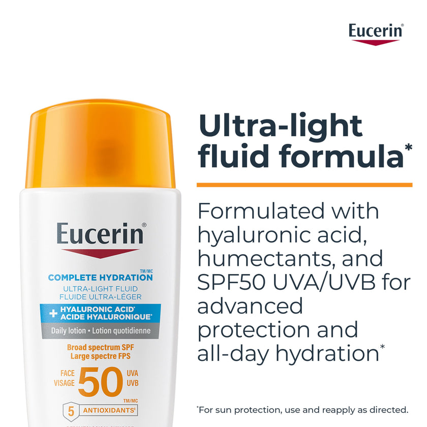 Eucerin Complete Hydration Ultra-Light Fluid Sunscreen, Daily Face Sunscreen SPF 50 With Hyaluronic Acid, Body SPF 50 Lotion with UVA-UVB Sun Protection, Fragrance Free & Non Greasy, 50 ml 🍁 All In One Marketplace Canada