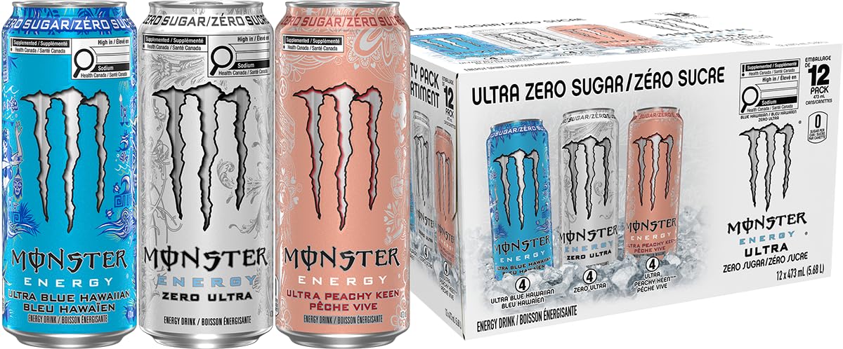 Monster Energy, Ultra Variety Pack (Zero Ultra, Ultra Blue Hawaiian, Ultra Peachy Keen), 473mL (12 Pack) - Zero Sugar Energy Drink 🍁 All In One Marketplace Canada