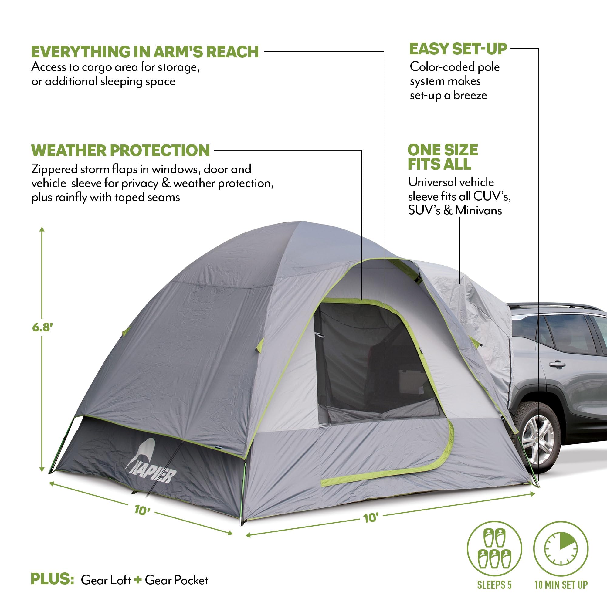 Napier Backroadz SUV Tent | 10' x 10' Vehicle Camping Tent | Fits All CUVs, SUVs, and Minivans | Sleeps 5 | Spacious, Durable, Easy Set-up | Gray/Green | Model 19100 🍁 All In One Marketplace Canada