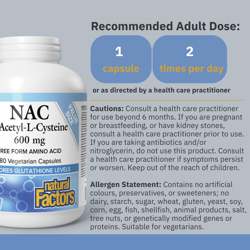 Natural Factors NAC Supplement (N-Acetyl-L-Cysteine), 600 mg, 180 Vegetarian Capsules, VALUE SIZE, Free Form Amino Acid, Helps Restore Glutathione Levels, Antioxidant Support, Proudly Canadian 🍁 All In One Marketplace Canada