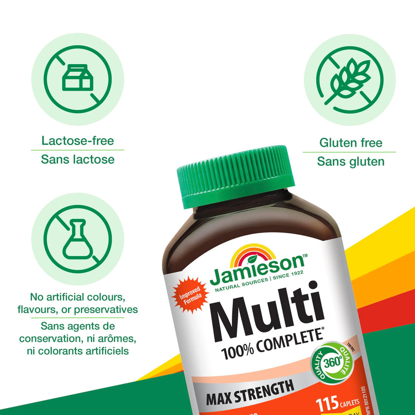 Jamieson 100% Complete Multivitamin Max Strength, with Higher Concentrations of Vitamin B, Vitamin C, and Vitamin D. Supports Immunity, Energy, and Overall Health, Gluten-Free, One Per Day, 115 Caplets 🍁 All In One Marketplace Canada