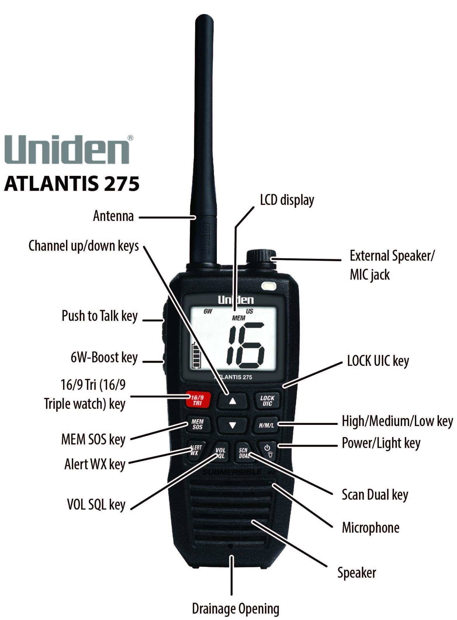 Uniden Atlantis 275 Handheld Two-Way VHF Marine Radio, Floating IPX8 Submersible Waterproof, Large Dual-Color Screen, 6-Watt, All USA/International/Canadian Marine Channels, NOAA Weather Alerts 🍁 All In One Marketplace Canada