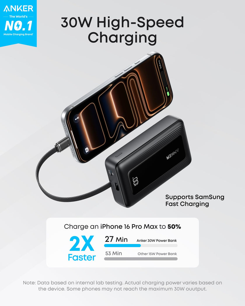 Anker Zolo Power Bank (2025 Upgraded Version), 20,000mAh 30W High-Speed Portable Charger with Built-in USB-C Cable, Battery Pack for iPhone 17/16 / 15 Series, Galaxy, and More (20000, Amp Hours) 🍁 All In One Marketplace Canada