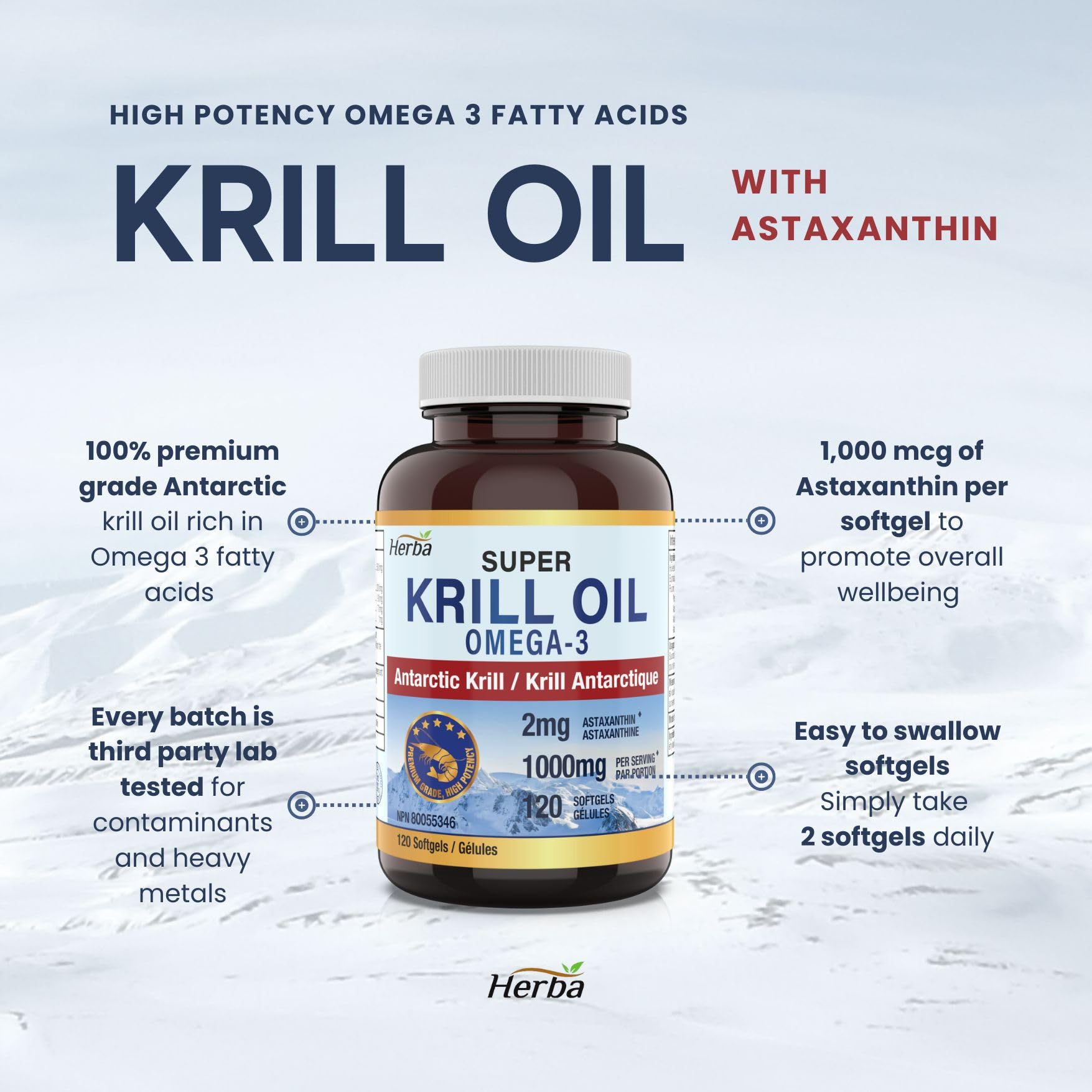 Herba Krill Oil Omega 3 Supplements - 120 Softgels | 1000mg of Antarctic Krill Oil Per Day (2 softgels 500mg each) | Source of Omega 3 Fatty Acids | High Astaxanthin | Premium Grade - 500mg per Soft Gel | Made in Canada 🍁 All In One Marketplace Canada