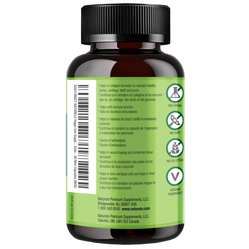 NATURELO Vegan Iron Supplement with Vitamin C and Organic Whole Foods, 90 Capsules, Gentle Iron Capsules for Women & Men with this Mineral Deficiency - Including Pregnancy, Anemia and Vegan Diets 🍁 All In One Marketplace Canada