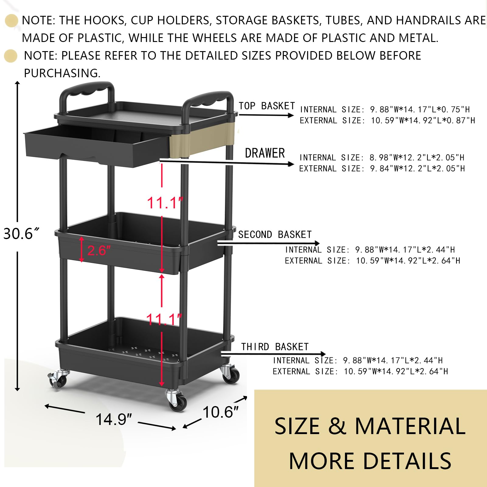 Goovilla 3 Tier Rolling Utility Cart Organizer with Removable Drawer, Stable and Sturdy Black Rolling Storage Carts with 2 Lockable Wheels for Bathroom, Kitchen, Snack, Craft, Makeup, Baby Essentials 🍁 All In One Marketplace Canada