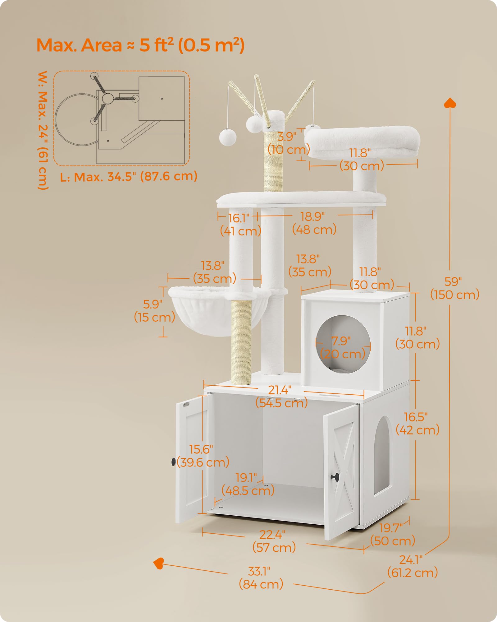 Feandrea WoodyWonders Cat Tree with Litter Box Furniture Hidden Enclosure, 2-in-1 Modern Tower, Cat Condo with Scratching Posts, Removable Pompom Sticks, Cloud White UPCT113W01 🍁 All In One Marketplace Canada