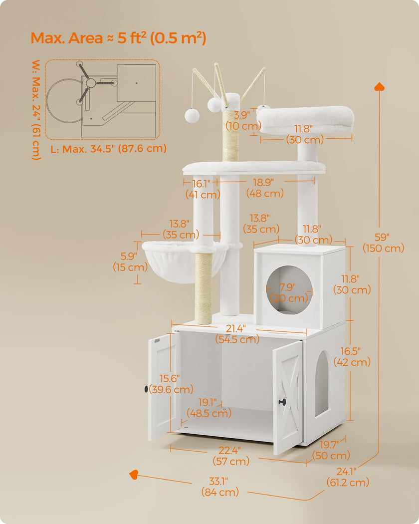 Feandrea WoodyWonders Cat Tree with Litter Box Furniture Hidden Enclosure, 2-in-1 Modern Tower, Cat Condo with Scratching Posts, Removable Pompom Sticks, Cloud White UPCT113W01 🍁 All In One Marketplace Canada