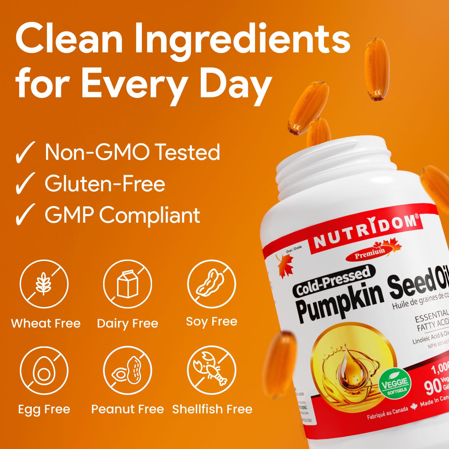Nutridom Pumpkin Seed Oil Capsules 1000 mg, 90 Veggie Softgels, Cold-Pressed, Essential Fatty Acids, Linoleic & Oleic Acid, Vegan, Non-GMO, Gluten Free, Soy Free, Made in Canada 🍁 All In One Marketplace Canada