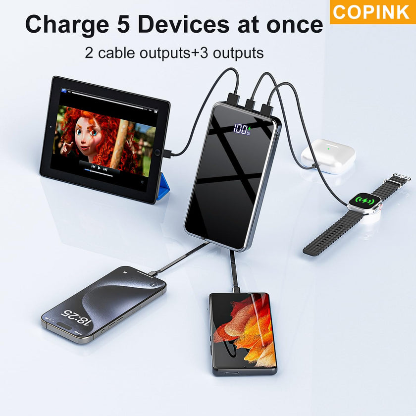 COPINK Power Bank with Built in Cables, 25000mAh Fast Charging Portable Charger,5 Output 2 Input LED Display Slim External Battery Pack for iPhone, Samsung, Android Phones, Tablets 🍁 All In One Marketplace Canada