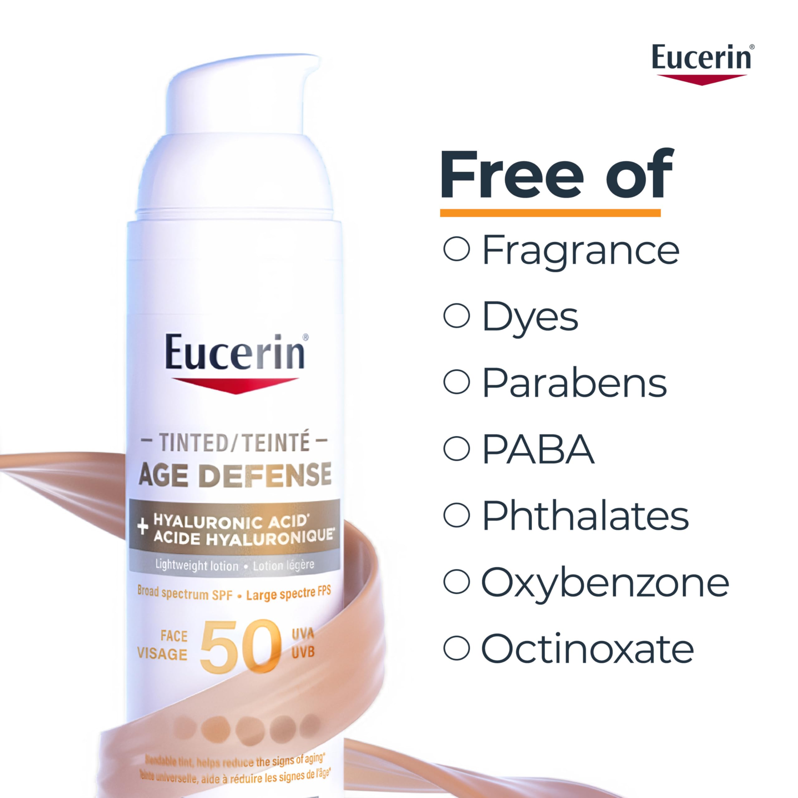 Eucerin Tinted Age Defense SPF 50 Face Sunscreen, Daily Face Sunscreen SPF 50 With Hyaluronic Acid and Antioxidants, Body SPF 50 Lotion with UVA-UVB Sun Protection, Fragrance Free & Non Greasy, 50 ml 🍁 All In One Marketplace Canada