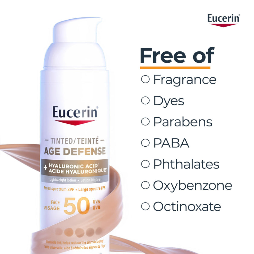 Eucerin Tinted Age Defense SPF 50 Face Sunscreen, Daily Face Sunscreen SPF 50 With Hyaluronic Acid and Antioxidants, Body SPF 50 Lotion with UVA-UVB Sun Protection, Fragrance Free & Non Greasy, 50 ml 🍁 All In One Marketplace Canada