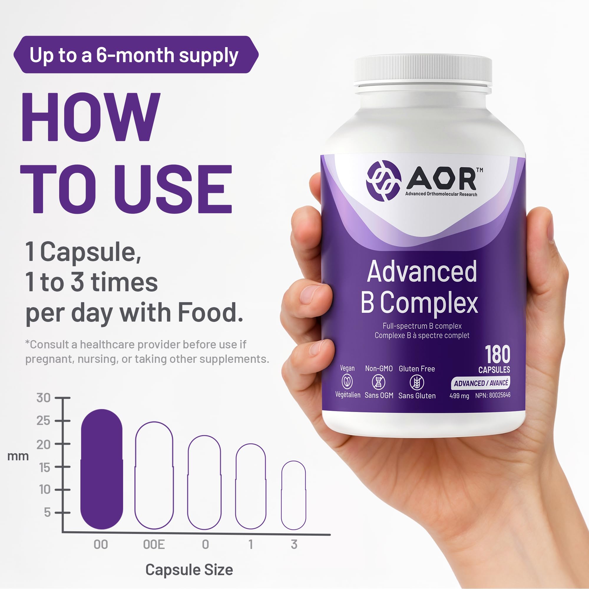 AOR Advanced B Complex Capsules, 180 Count 180-Day Supply - Full-Spectrum B Vitamin Blend with B1, B2, B3, B5, B6, B12, Inositol, Folic Acid & Biotin - Vegan, Non-GMO & Gluten-Free - Promotes Energy 🍁 All In One Marketplace Canada