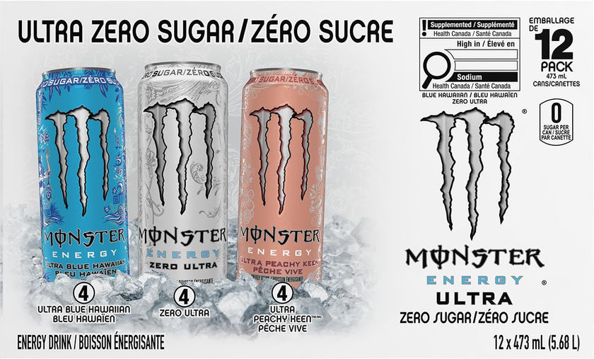 Monster Energy, Ultra Variety Pack (Zero Ultra, Ultra Blue Hawaiian, Ultra Peachy Keen), 473mL (12 Pack) - Zero Sugar Energy Drink 🍁 All In One Marketplace Canada