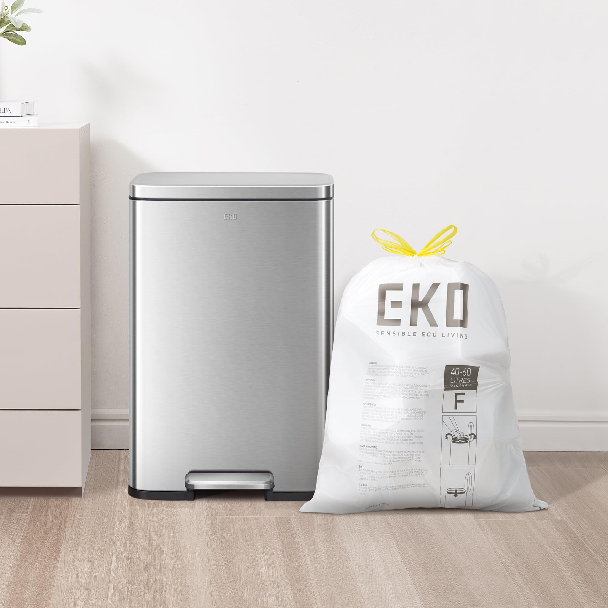 EKO 13 Gallon / 40-60 Liter Drawstring Trash Bags, Extra-Strong Unscented Garbage Bags, 60 Count Easy-Dispense Roll for Kitchen & Household Use, Leak-Resistant, Code F, White 🍁 All In One Marketplace Canada