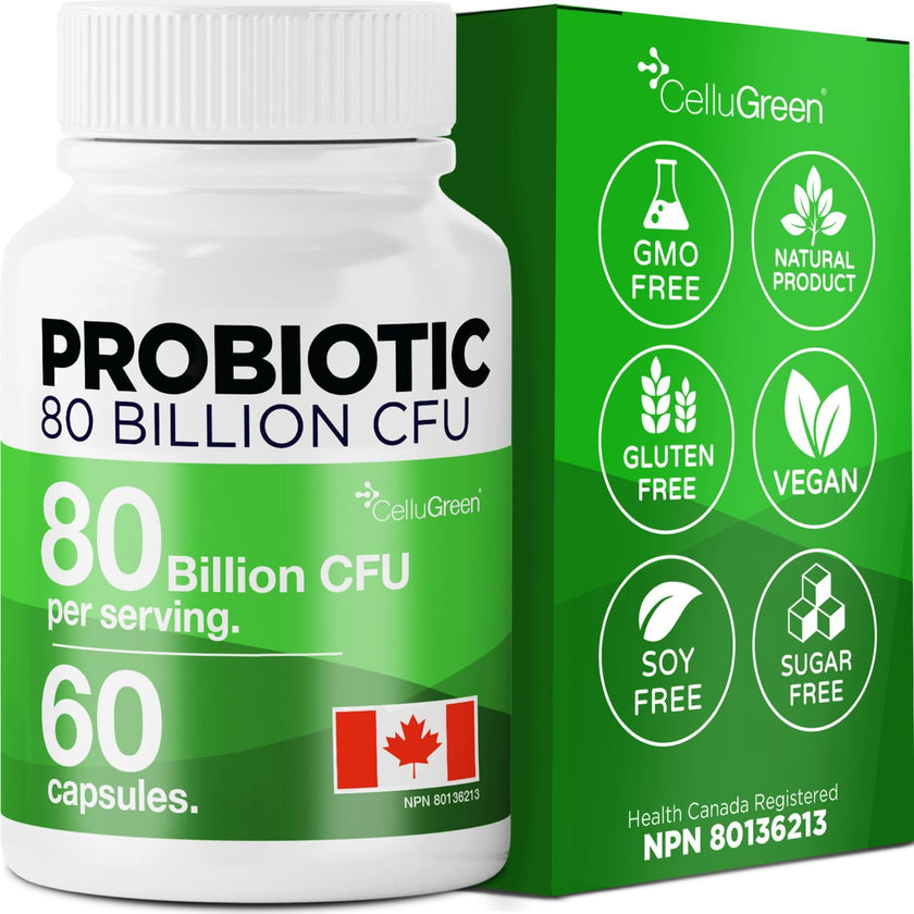 CelluGreen Probiotics 80 Billion CFU for Men & Women – 15 Strains – Digestive & Gut Health Support – Bloating & Gas Relief – Shelf Stable, Vegan, Non-GMO – 60 Capsules 🍁 All In One Marketplace Canada