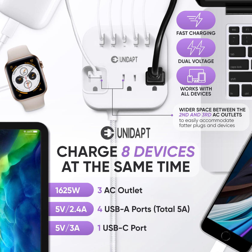 Unidapt European Plug Adapter, Unidapt US to UK Europe Power Strip for EU/UK/US with USB C and 4 USB Ports, 3 AC Outlets, Wall Mountable, 5ft Cord, for Travel Cruise Ship Home (WSS-603) 🍁 All In One Marketplace Canada