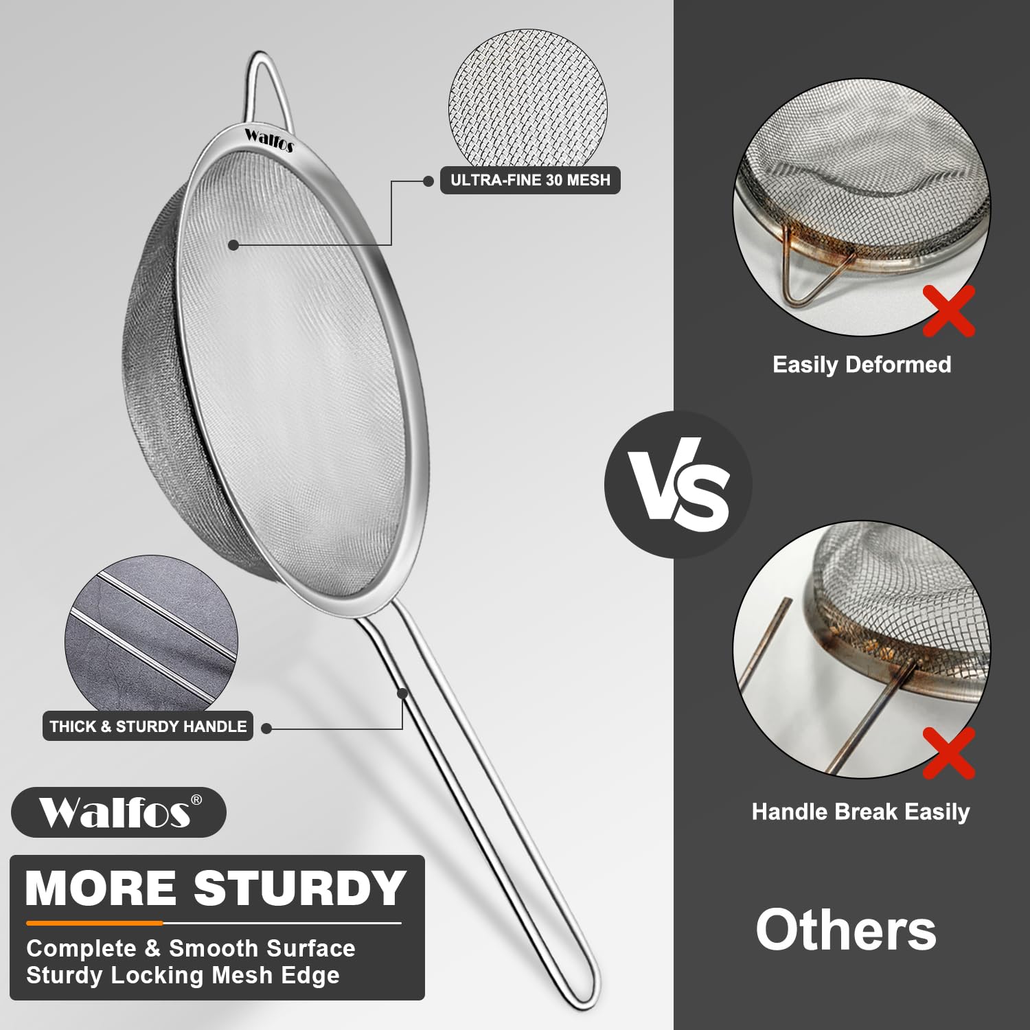 Walfos Fine Mesh Strainers Set, Premium Stainless Steel Sieve and Sifter with Sturdy Handle, Metal Kitchen Strainers Perfect for for Food, Rice, Quinoa, Fruit, Tea, Flour- 3 Sizes 🍁 All In One Marketplace Canada