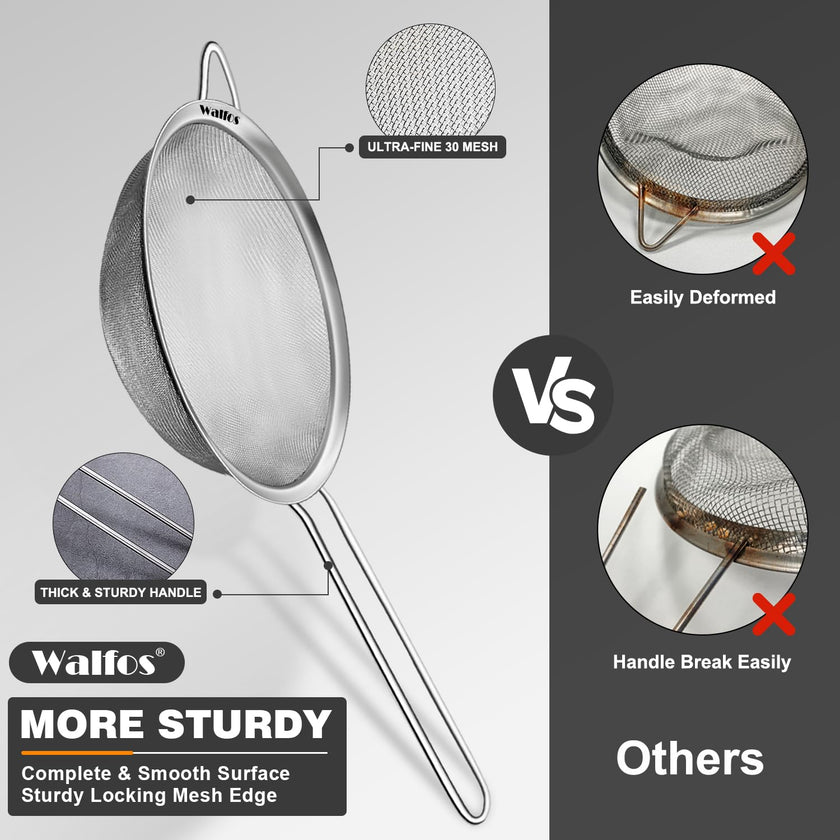 Walfos Fine Mesh Strainers Set, Premium Stainless Steel Sieve and Sifter with Sturdy Handle, Metal Kitchen Strainers Perfect for for Food, Rice, Quinoa, Fruit, Tea, Flour- 3 Sizes 🍁 All In One Marketplace Canada