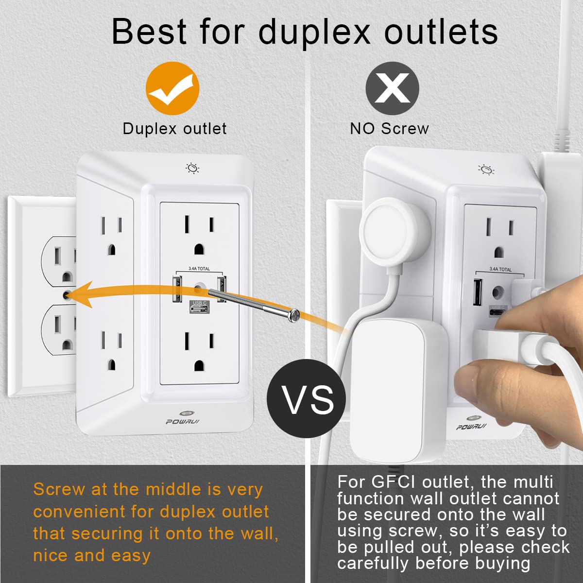 3-Sided Power Bars with Surge Protector, POWRUI 6-Outlet Extender with 3 USB Ports (1 USB C) and Night Light, Multi Plug Outlet and Spaced Outlets Adapter, ETL, White 🍁 All In One Marketplace Canada