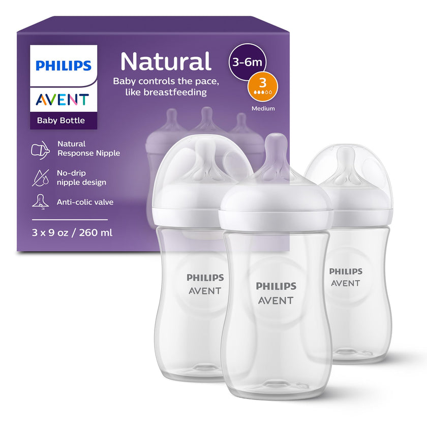 Philips Avent Natural Baby Bottles with Natural Response Nipples (Medium Flow, Flow 3), 9oz, 3-pack, SCY903/03 🍁 All In One Marketplace Canada