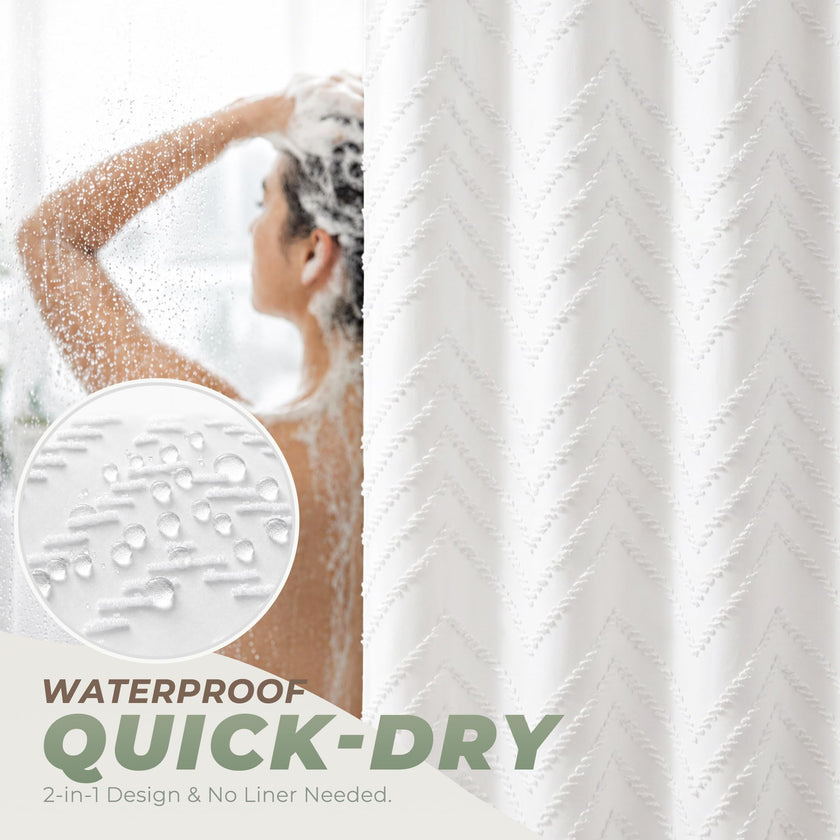 White Boho Fabric Shower Curtain 72 x 72 Inches, Modern Shabby Chic Textured Tufted Chevron Striped Minimalist Cloth Bathroom Shower Curtain 🍁 All In One Marketplace Canada