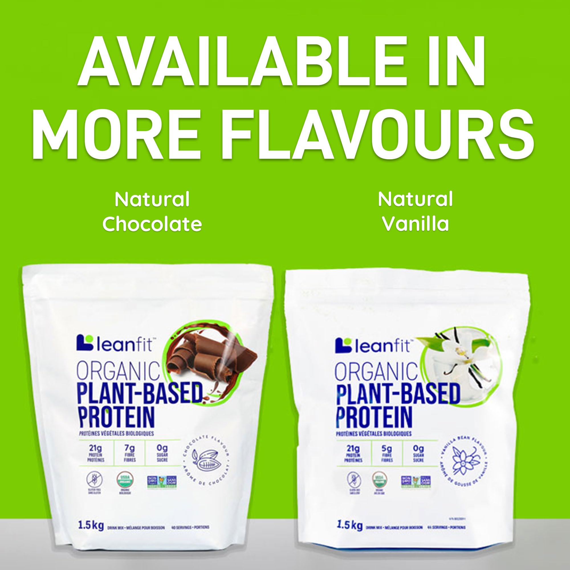 LEANFIT ORGANIC PLANT-BASED PROTEIN, Natural Chocolate - Vegan, Soy Free, Gluten Free, Dairy Free, Sugar Free - 21g Protein, 40 Servings, 1.5kg Bag 🍁 All In One Marketplace Canada