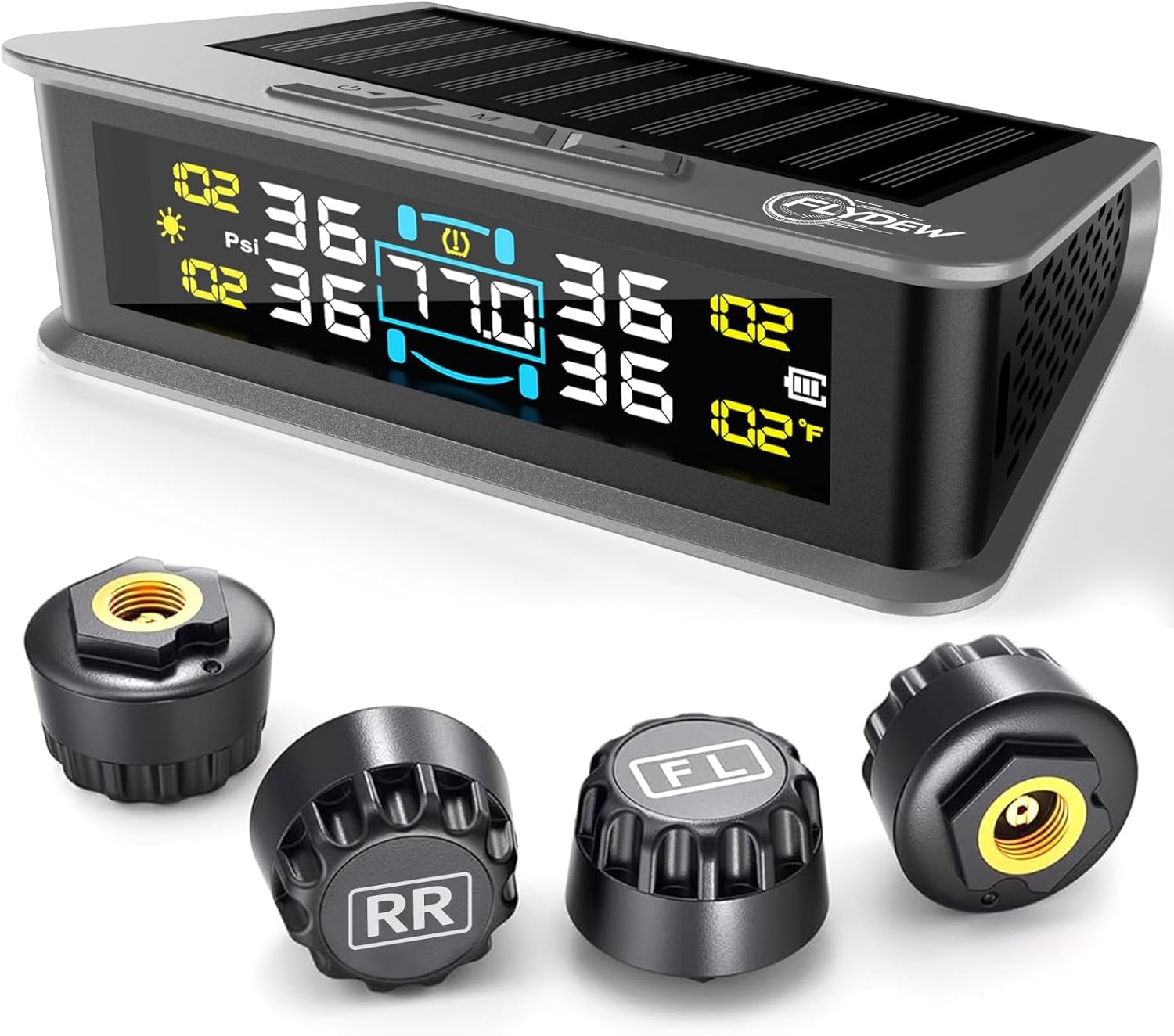 Flydew RV Tire Pressure Monitoring System (TPMS) - TPMS sensors Set of 4 | Solar/USB Charger | LCD Display | for RV/Truck/SUV/MPV/Sedan | TPMS Kit 🍁 All In One Marketplace Canada