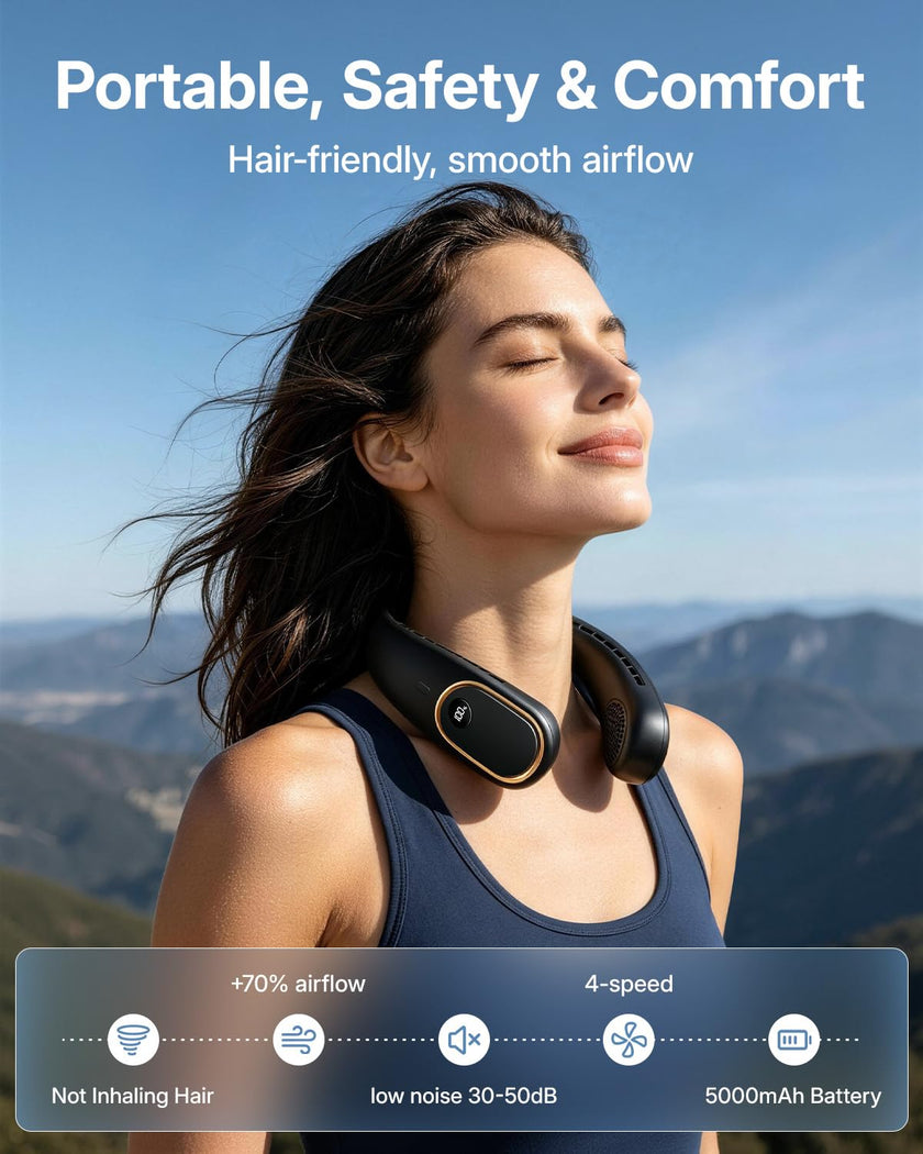 Portable Neck Fan - Hands Free Personal Fan, Rechargeable Bladeless Fan with 5000mAh-Battery, Digital Display, 4 Speeds, Birthday Gifts for Men, Women, Mom, and Dad - Black 🍁 All In One Marketplace Canada