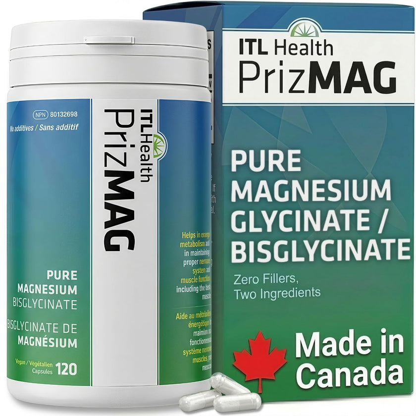 PrizMAG Pure Magnesium Bisglycinate, Magnesium Glycinate, 380mg of Mag Per Serving | Supports Muscle & Bone Health - Gentle on Digestion & High Absorption | Made in Canada - 120 Capsules 🍁 All In One Marketplace Canada